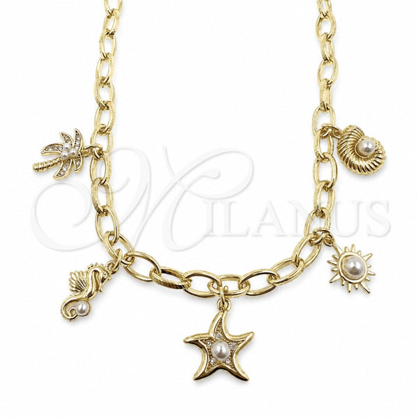 Oro Laminado Fancy Necklace, Gold Filled Style Snail and Star Design, with White Cubic Zirconia and Ivory Pearl, Polished, Golden Finish, 04.470.0004.18 (Thickness, 18 Inches Length)