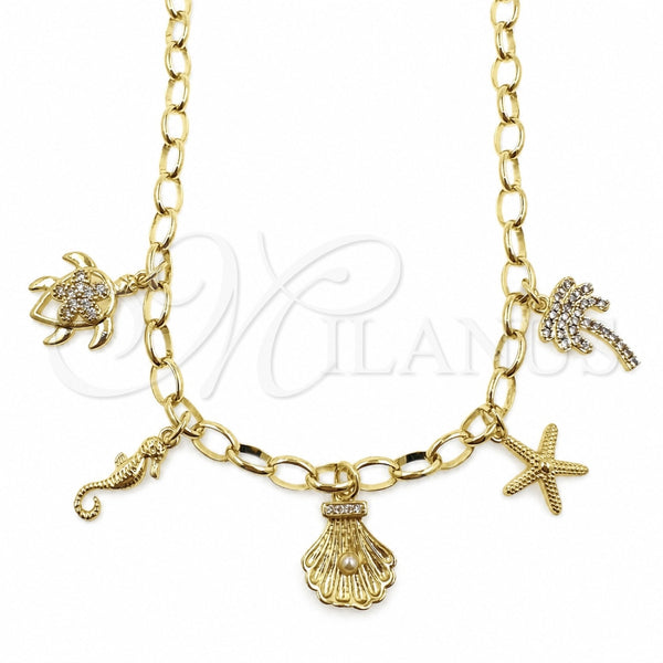 Oro Laminado Fancy Necklace, Gold Filled Style Turtle and Flower Design, with White Cubic Zirconia and Ivory Pearl, Polished, Golden Finish, 04.470.0008.18 (05 MM Thickness, 18 Inches Length)