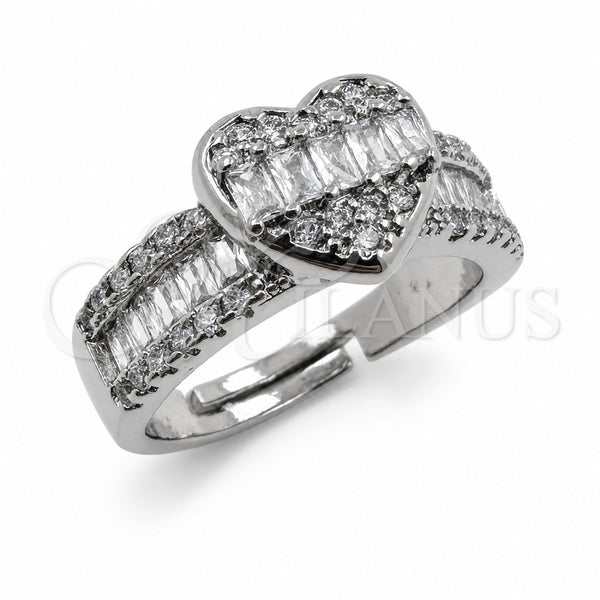 White Gold Filled Multi Stone Ring, Heart and Baguette Design, with White Cubic Zirconia, Polished, Rhodium Finish, 01.471.0019 (One size fits all)