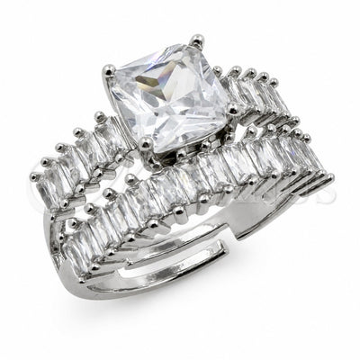 White Gold Filled Multi Stone Ring, Baguette Design, with White Cubic Zirconia, Polished, Rhodium Finish, 01.471.0039 (One size fits all)