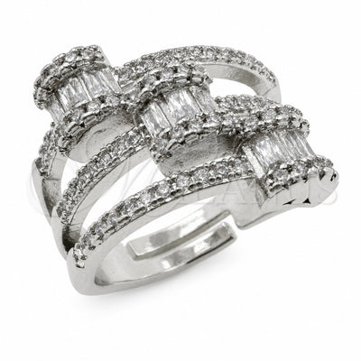 White Gold Filled Multi Stone Ring, Baguette Design, with White Micro Pave and White Cubic Zirconia, Polished, Rhodium Finish, 01.471.0043 (One size fits all)
