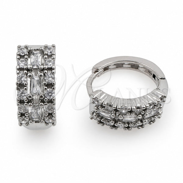 White Gold Filled Huggie Hoop, Baguette and Cluster Design, with White Cubic Zirconia, Polished, Rhodium Finish, 02.471.0005.16