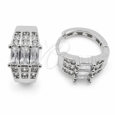 White Gold Filled Huggie Hoop, Baguette Design, with White Cubic Zirconia, Polished, Rhodium Finish, 02.471.0006