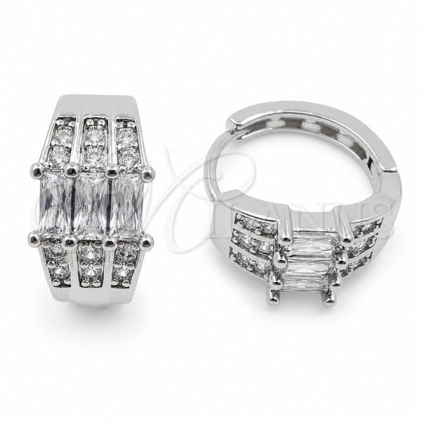 White Gold Filled Huggie Hoop, Baguette Design, with White Cubic Zirconia, Polished, Rhodium Finish, 02.471.0006