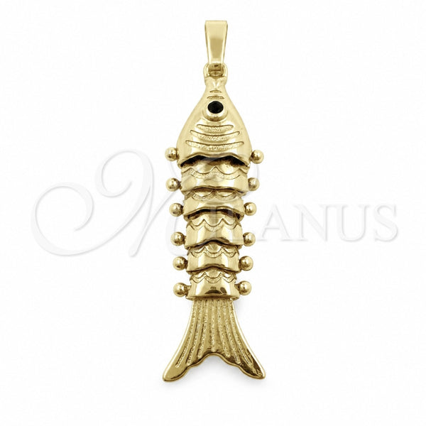 Oro Laminado Fancy Pendant, Gold Filled Style Fish Design, with Black Cubic Zirconia, Polished, Golden Finish, 05.195.0045