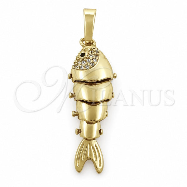 Oro Laminado Fancy Pendant, Gold Filled Style Fish Design, with White and Ruby Cubic Zirconia, Polished, Golden Finish, 05.195.0046
