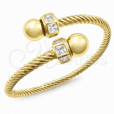 Oro Laminado Individual Bangle, Gold Filled Style Twist and Ball Design, with White Cubic Zirconia, Polished, Golden Finish, 07.459.0003 (Thickness, One size fits all)