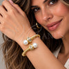 Oro Laminado Individual Bangle, Gold Filled Style Twist and Ball Design, with Ivory Pearl and White Cubic Zirconia, Polished, Golden Finish, 07.459.0003.1 (Thickness, One size fits all)