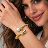Oro Laminado Individual Bangle, Gold Filled Style Twist and Ball Design, with Ivory Pearl and White Cubic Zirconia, Polished, Golden Finish, 07.459.0003.2 (Thickness, One size fits all)