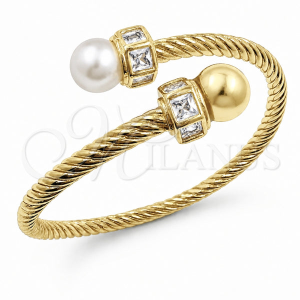 Oro Laminado Individual Bangle, Gold Filled Style Twist and Ball Design, with Ivory Pearl and White Cubic Zirconia, Polished, Golden Finish, 07.459.0003.2 (Thickness, One size fits all)