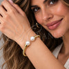 Oro Laminado Individual Bangle, Gold Filled Style Ball and Twist Design, with Ivory Pearl, Polished, Golden Finish, 07.459.0004 (03 MM Thickness, One size fits all)