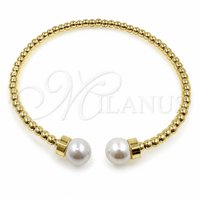 Oro Laminado Individual Bangle, Gold Filled Style Ball and Twist Design, with Ivory Pearl, Polished, Golden Finish, 07.459.0004 (03 MM Thickness, One size fits all)