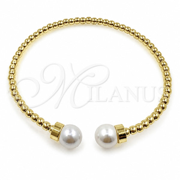 Oro Laminado Individual Bangle, Gold Filled Style Ball and Twist Design, with Ivory Pearl, Polished, Golden Finish, 07.459.0004 (03 MM Thickness, One size fits all)
