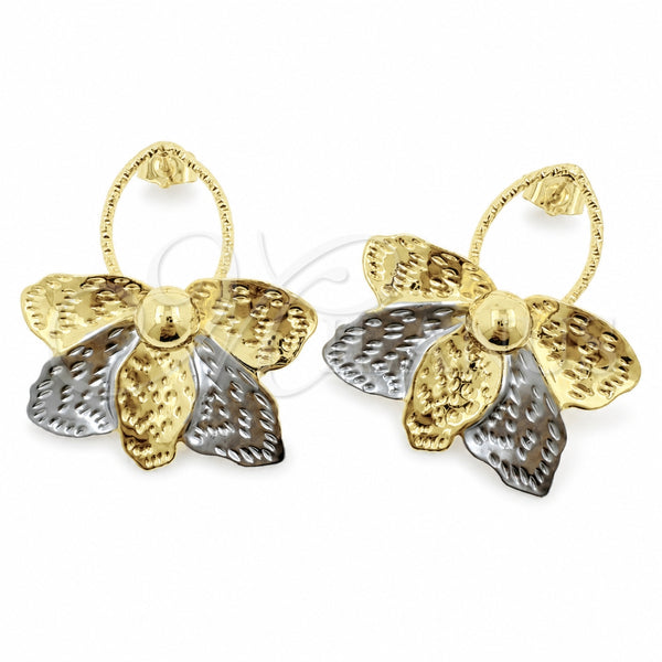Oro Laminado Stud Earring, Gold Filled Style Flower and Leaf Design, Diamond Cutting Finish, Two Tone, 02.472.0007