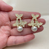 Oro Laminado Stud Earring, Gold Filled Style Butterfly and Ball Design, with Ivory Pearl and White Cubic Zirconia, Polished, Golden Finish, 02.472.0011