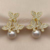 Oro Laminado Stud Earring, Gold Filled Style Butterfly and Ball Design, with Ivory Pearl and White Cubic Zirconia, Polished, Golden Finish, 02.472.0011