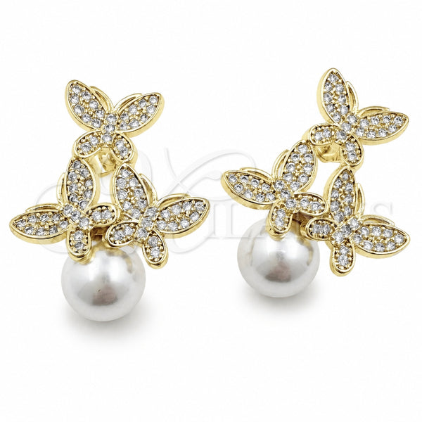 Oro Laminado Stud Earring, Gold Filled Style Butterfly and Ball Design, with Ivory Pearl and White Cubic Zirconia, Polished, Golden Finish, 02.472.0011