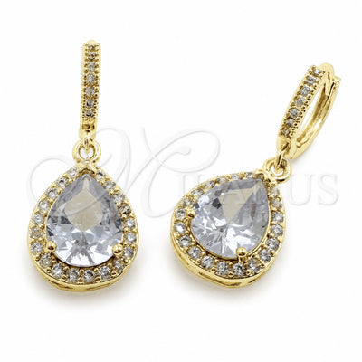 Oro Laminado Dangle Earring, Gold Filled Style Teardrop and Cluster Design, with White Cubic Zirconia and White Micro Pave, Polished, Golden Finish, 02.472.0012