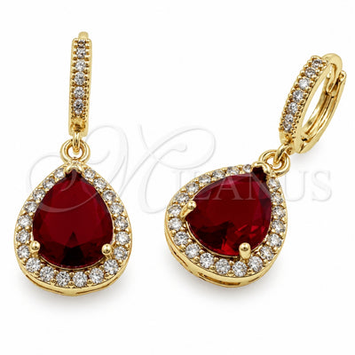 Oro Laminado Dangle Earring, Gold Filled Style Teardrop and Cluster Design, with Garnet and White Cubic Zirconia, Polished, Golden Finish, 02.472.0012.1