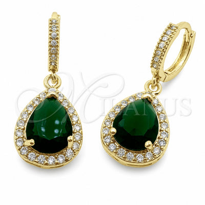 Oro Laminado Dangle Earring, Gold Filled Style Teardrop and Cluster Design, with Green and White Cubic Zirconia, Polished, Golden Finish, 02.472.0012.2