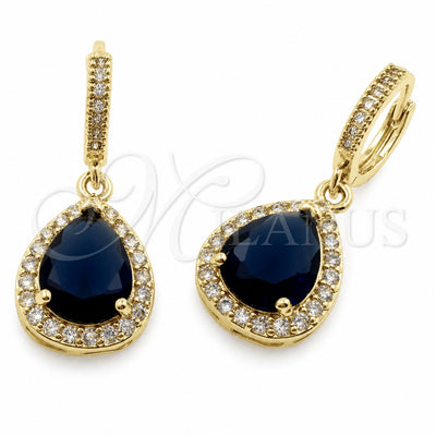 Oro Laminado Dangle Earring, Gold Filled Style Teardrop and Cluster Design, with Sapphire Blue and White Cubic Zirconia, Polished, Golden Finish, 02.472.0012.3