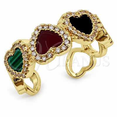 Oro Laminado Multi Stone Ring, Gold Filled Style Heart and Cluster Design, with Multicolor Mother of Pearl and White Micro Pave, Polished, Golden Finish, 01.472.0006 (One size fits all)