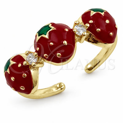 Oro Laminado Multi Stone Ring, Gold Filled Style Strawberry Design, with White Cubic Zirconia, Red Enamel Finish, Golden Finish, 01.472.0007 (One size fits all)