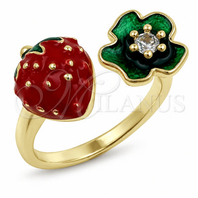 Oro Laminado Multi Stone Ring, Gold Filled Style Strawberry and Flower Design, with White Cubic Zirconia, Red Enamel Finish, Golden Finish, 01.472.0008 (One size fits all)