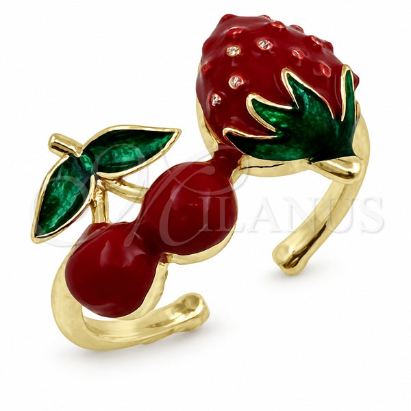 Oro Laminado Elegant Ring, Gold Filled Style Strawberry and Cherry Design, Red Enamel Finish, Golden Finish, 01.472.0009 (One size fits all)