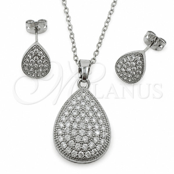 White Gold Filled Earring and Pendant Adult Set, Teardrop and Rolo Design, with White Cubic Zirconia, Polished, Rhodium Finish, 10.448.0023