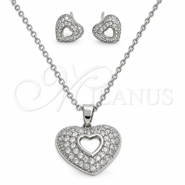 White Gold Filled Earring and Pendant Adult Set, Heart Design, with White Cubic Zirconia, Polished, Rhodium Finish, 10.448.0025