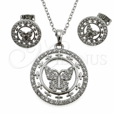 White Gold Filled Earring and Pendant Adult Set, Butterfly Design, with White Cubic Zirconia, Polished, Rhodium Finish, 10.448.0026
