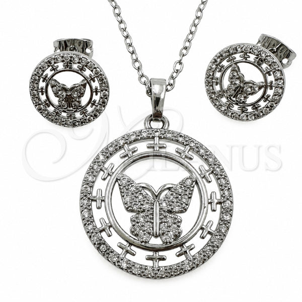 White Gold Filled Earring and Pendant Adult Set, Butterfly Design, with White Cubic Zirconia, Polished, Rhodium Finish, 10.448.0026
