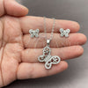 White Gold Filled Earring and Pendant Adult Set, Butterfly and Flower Design, with White Cubic Zirconia, Polished, Rhodium Finish, 10.448.0028