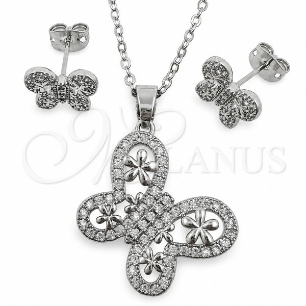 White Gold Filled Earring and Pendant Adult Set, Butterfly and Flower Design, with White Cubic Zirconia, Polished, Rhodium Finish, 10.448.0028