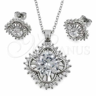 White Gold Filled Earring and Pendant Adult Set, Four-leaf Clover and Cluster Design, with White Cubic Zirconia, Polished, Rhodium Finish, 10.448.0029