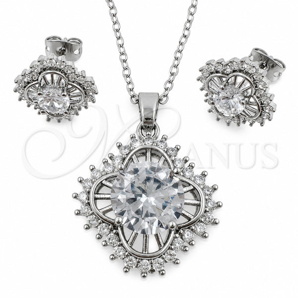 White Gold Filled Earring and Pendant Adult Set, Four-leaf Clover and Cluster Design, with White Cubic Zirconia, Polished, Rhodium Finish, 10.448.0029