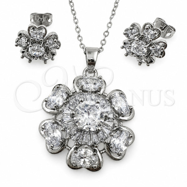 White Gold Filled Earring and Pendant Adult Set, Flower and Heart Design, with White Cubic Zirconia, Polished, Rhodium Finish, 10.448.0030