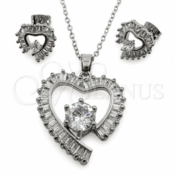 White Gold Filled Earring and Pendant Adult Set, Heart and Baguette Design, with White Cubic Zirconia, Polished, Rhodium Finish, 10.448.0031