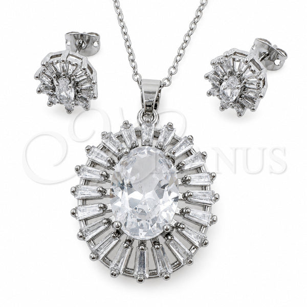 White Gold Filled Earring and Pendant Adult Set, Baguette and Cluster Design, with White Cubic Zirconia, Polished, Rhodium Finish, 10.448.0032