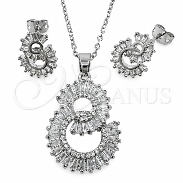 White Gold Filled Earring and Pendant Adult Set, Baguette Design, with White Cubic Zirconia and White Micro Pave, Polished, Rhodium Finish, 10.448.0033