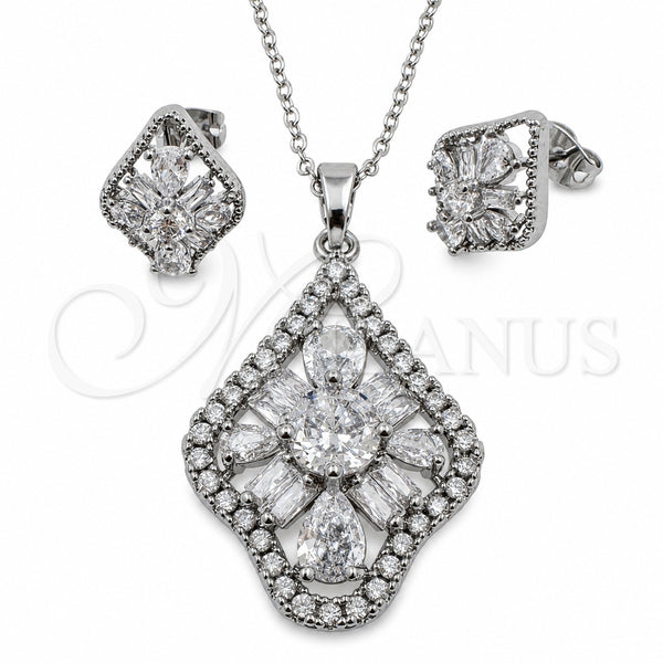 White Gold Filled Earring and Pendant Adult Set, Teardrop and Cluster Design, with White Cubic Zirconia, Polished, Rhodium Finish, 10.448.0034