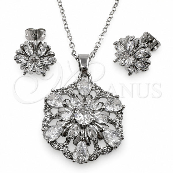 White Gold Filled Earring and Pendant Adult Set, Flower and Teardrop Design, with White Cubic Zirconia and White Micro Pave, Polished, Rhodium Finish, 10.448.0035