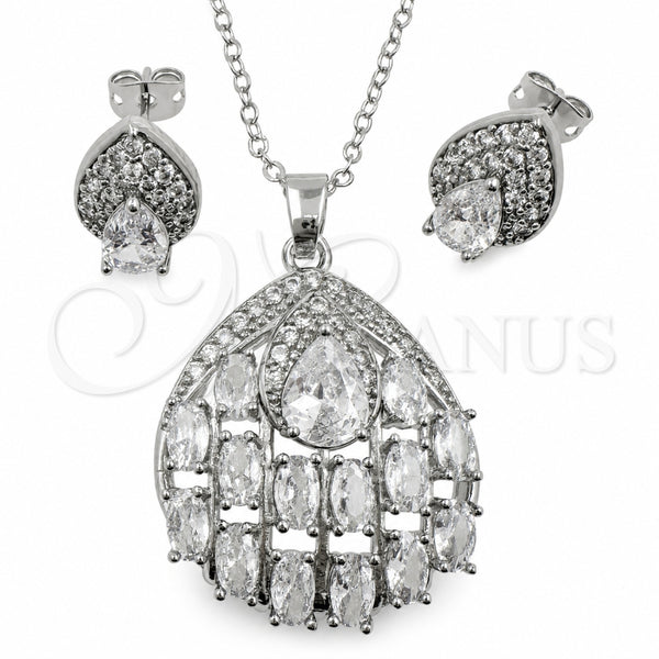 White Gold Filled Earring and Pendant Adult Set, Teardrop and Cluster Design, with White Cubic Zirconia, Polished, Rhodium Finish, 10.448.0036