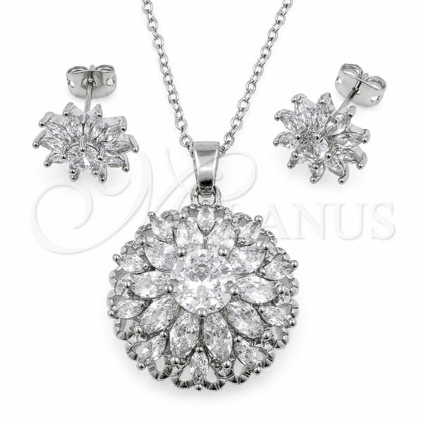 White Gold Filled Earring and Pendant Adult Set, Flower and Cluster Design, with White Cubic Zirconia, Polished, Rhodium Finish, 10.448.0037