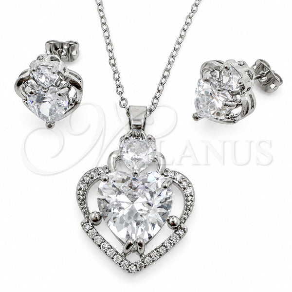 White Gold Filled Earring and Pendant Adult Set, Heart Design, with White Cubic Zirconia and White Micro Pave, Polished, Rhodium Finish, 10.448.0038