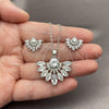 White Gold Filled Earring and Pendant Adult Set, Flower and Cluster Design, with White Cubic Zirconia and White Micro Pave, Polished, Rhodium Finish, 10.448.0039