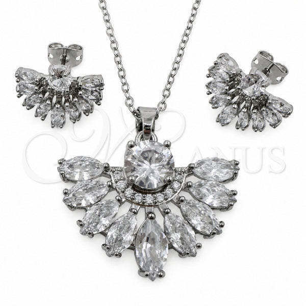 White Gold Filled Earring and Pendant Adult Set, Flower and Cluster Design, with White Cubic Zirconia and White Micro Pave, Polished, Rhodium Finish, 10.448.0039