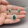 White Gold Filled Earring and Pendant Adult Set, Teardrop and Cluster Design, with Green and White Cubic Zirconia, Polished, Rhodium Finish, 10.448.0041
