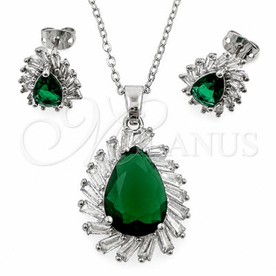 White Gold Filled Earring and Pendant Adult Set, Teardrop and Cluster Design, with Green and White Cubic Zirconia, Polished, Rhodium Finish, 10.448.0041